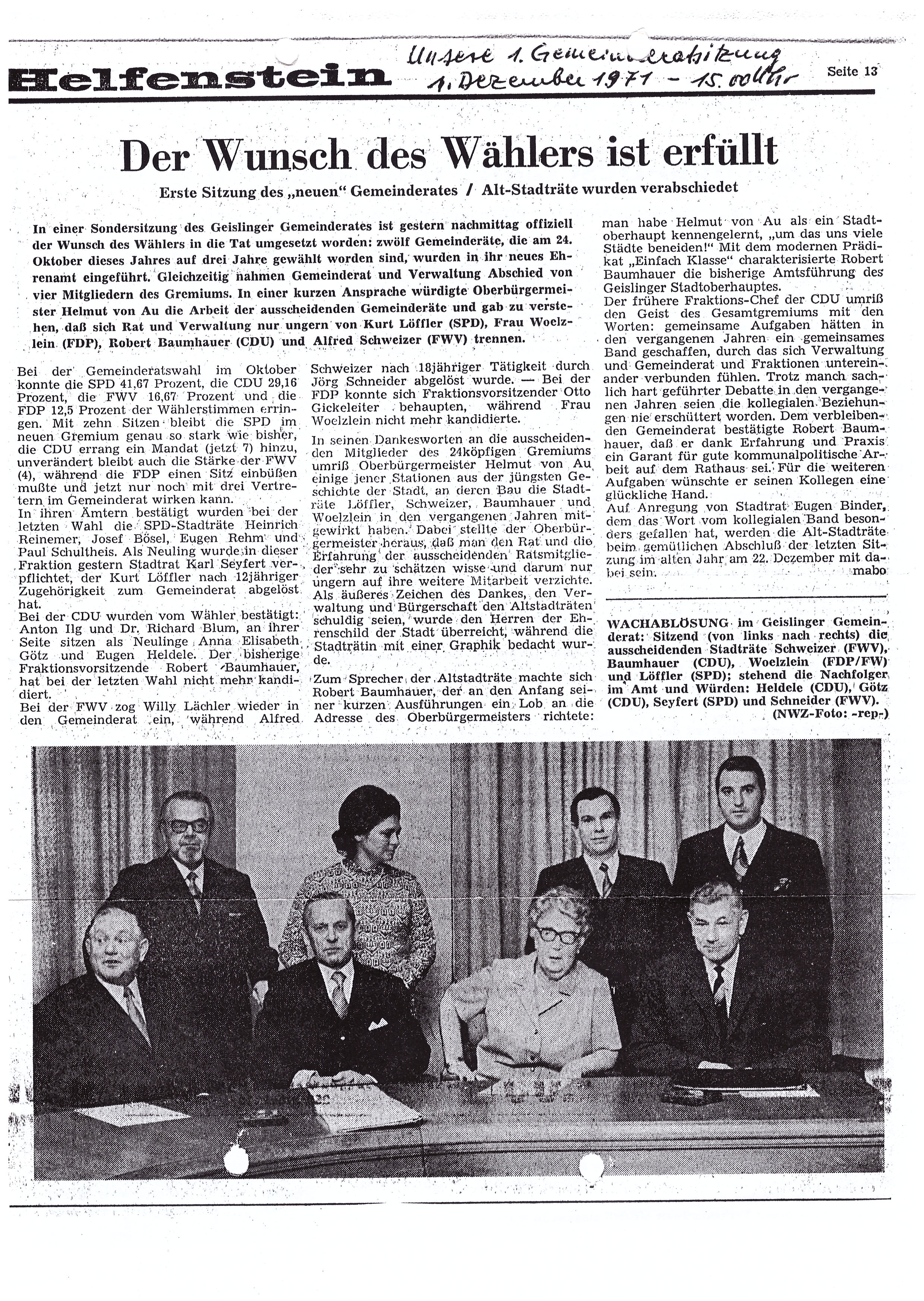 Bericht über die 1. Gemeinderatssitzung von Jörg Schneider im Geislinger Fünftälerbote vom Dezember 1971