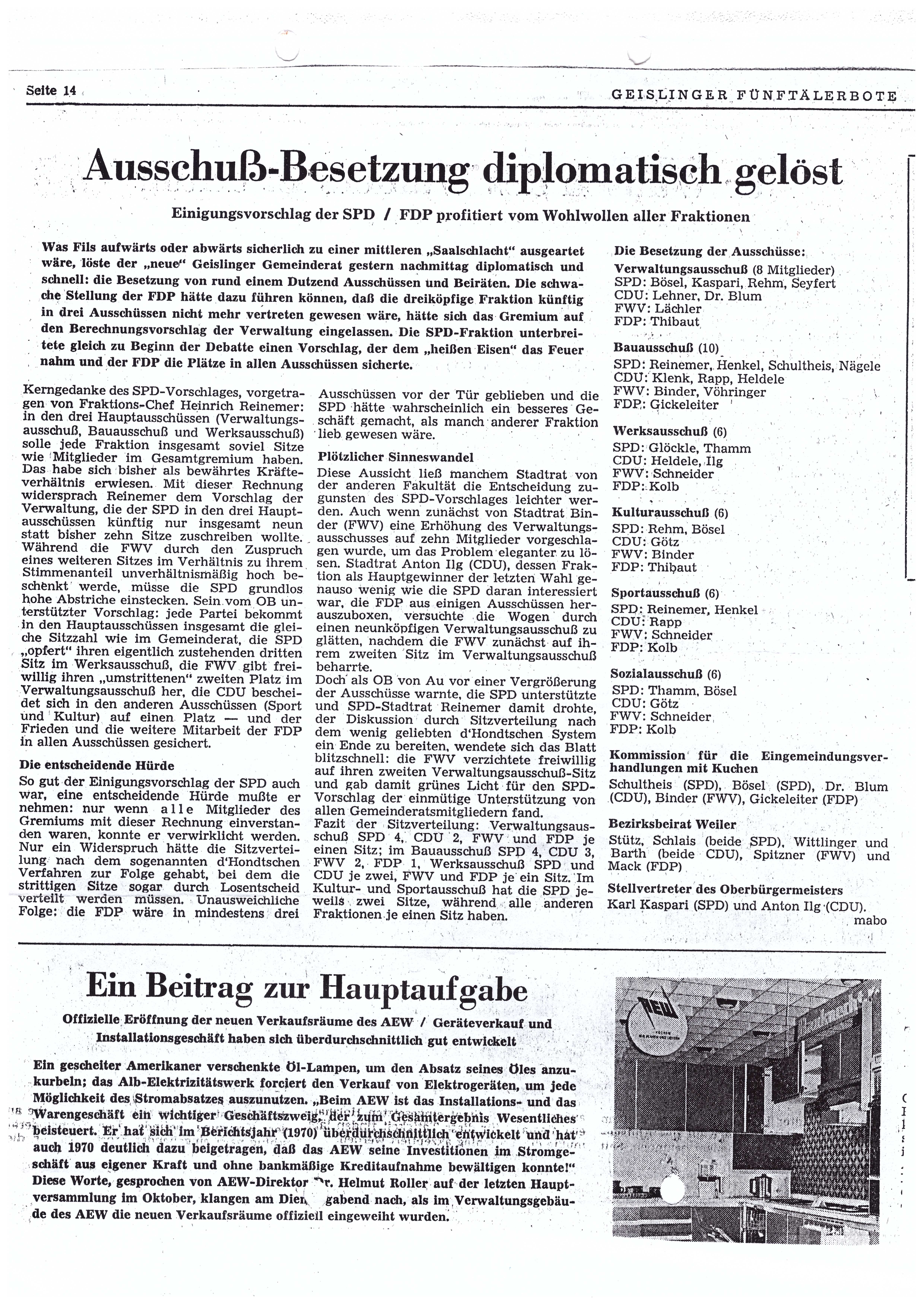 Bericht über die Besetzung der einzelnen Ausschüsse nach der Gemeinderatswahl 1971. Interessant ist im unteren Teil der Artikel über das AEW.